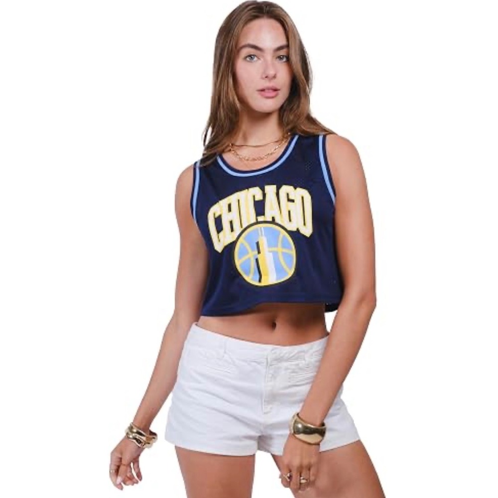 Ultra Game WNBA Chicago Sky Cropped Mesh Basketball Jersey Navy Blue Womens L